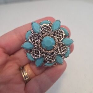 Vintage Silver Tone Faux Turquoise  Victorian Style Costume Brooch Filigree
